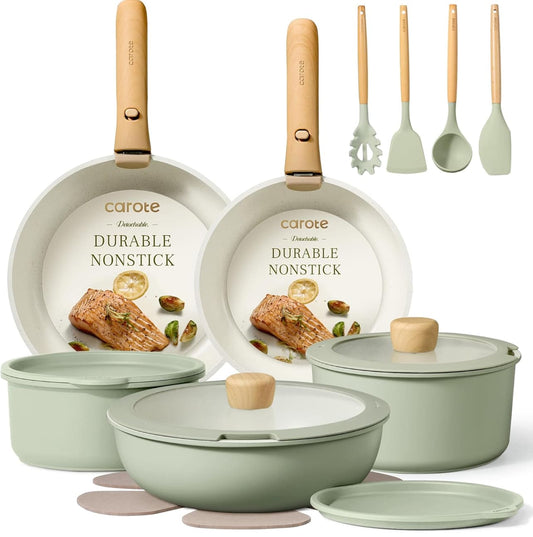 CAROTE Juego de ollas y sartenes con utensilios de cocina antiadherentes y mango de madera.