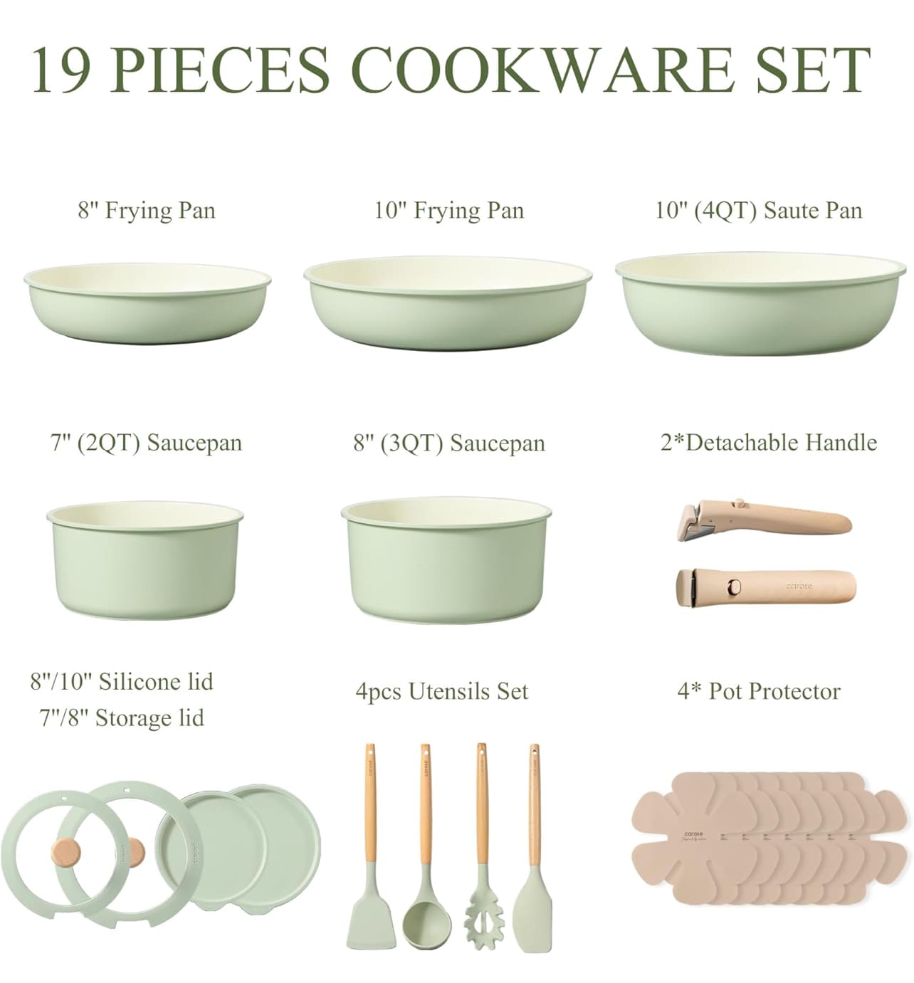 CAROTE Juego de ollas y sartenes con utensilios de cocina antiadherentes y mango de madera.