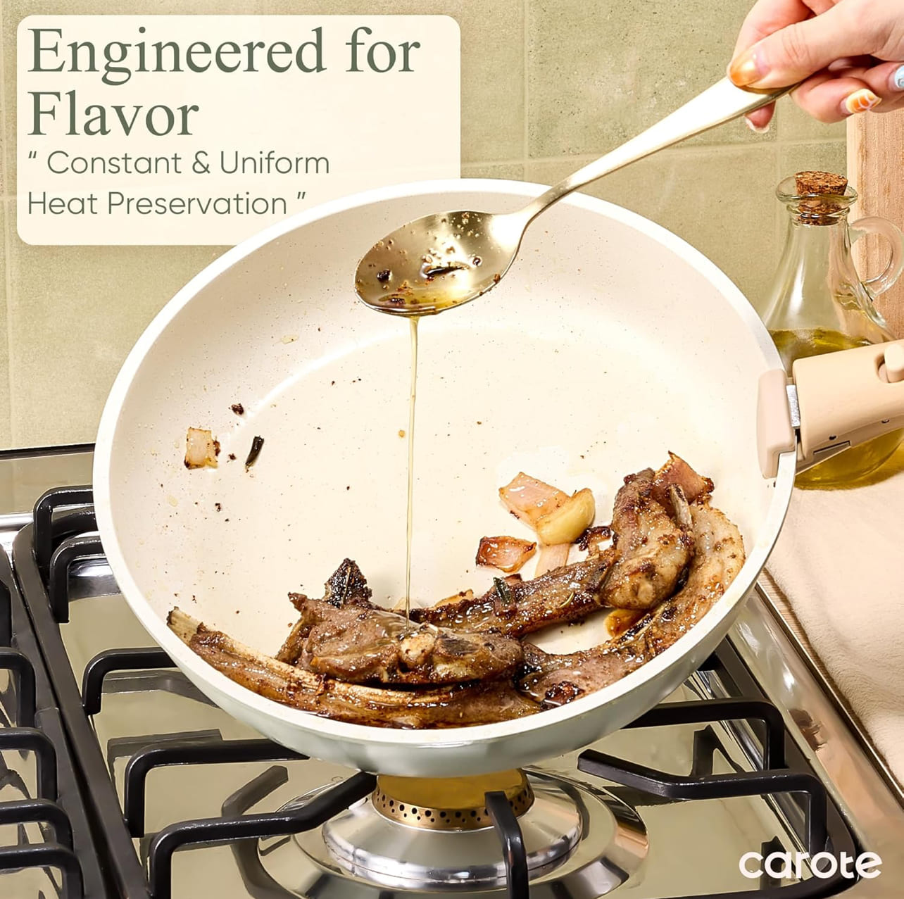 CAROTE Juego de ollas y sartenes con utensilios de cocina antiadherentes y mango de madera.