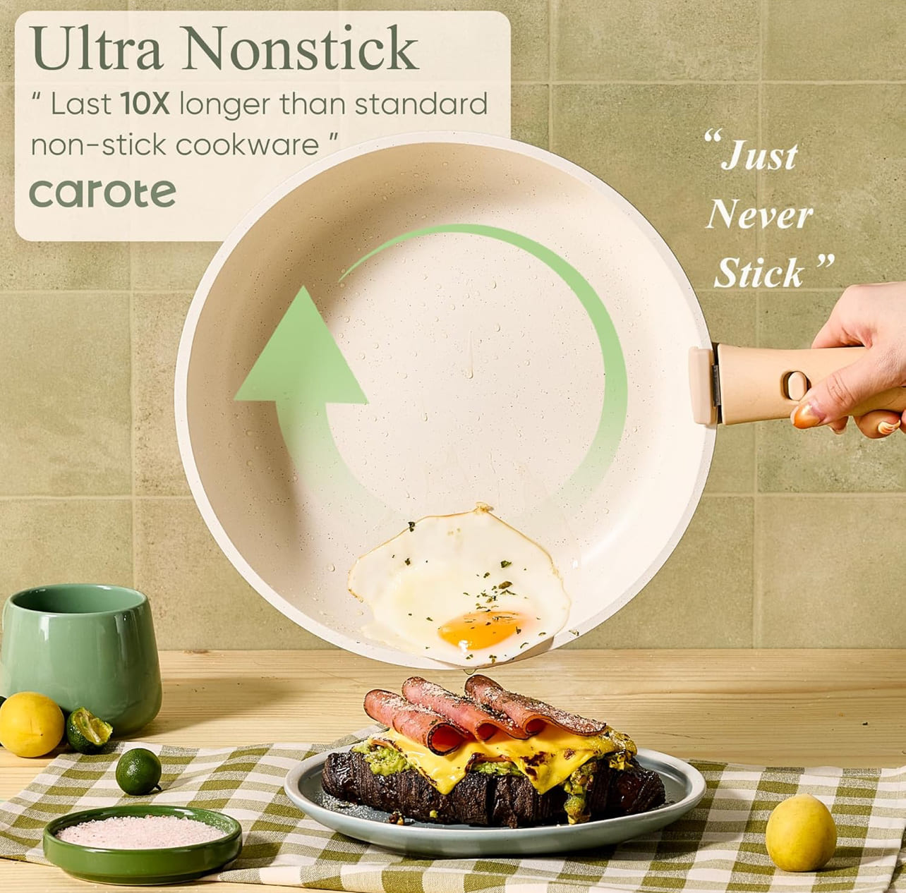 CAROTE Juego de ollas y sartenes con utensilios de cocina antiadherentes y mango de madera.