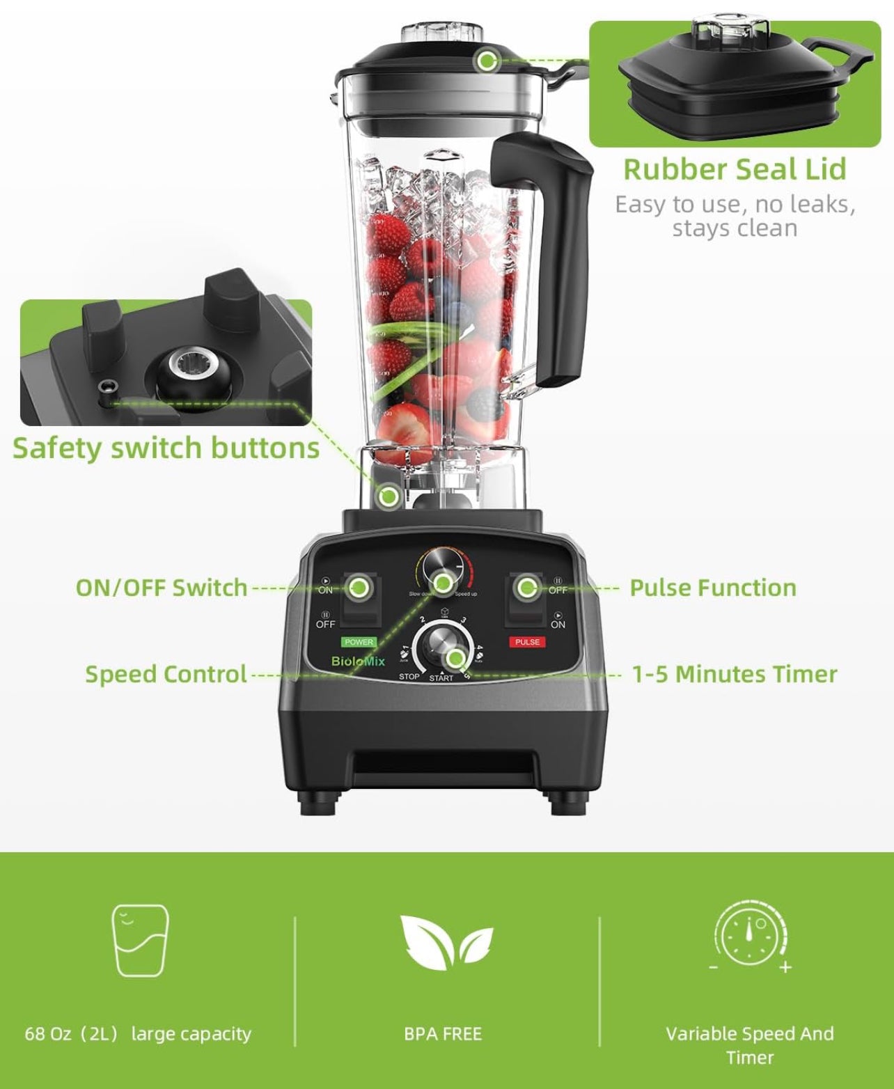 BioloMix Licuadora profesional, licuadora de batidos, licuadora para cocina 2000 W 