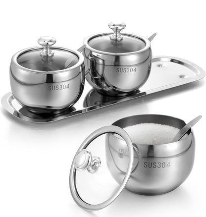 Juego de 3 rejillas de acero inoxidable 304 con tapa, cuchara y bandeja, contenedor de especias para condimentos, 