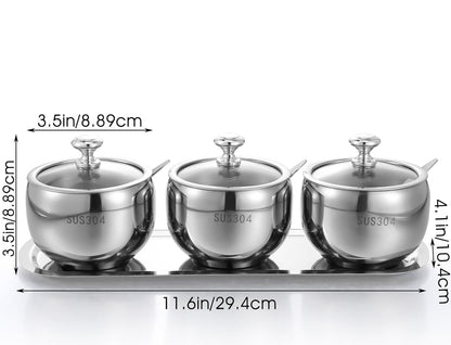 Juego de 3 rejillas de acero inoxidable 304 con tapa, cuchara y bandeja, contenedor de especias para condimentos, 