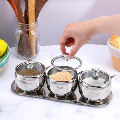 Juego de 3 rejillas de acero inoxidable 304 con tapa, cuchara y bandeja, contenedor de especias para condimentos, 