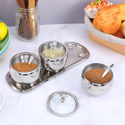 Juego de 3 rejillas de acero inoxidable 304 con tapa, cuchara y bandeja, contenedor de especias para condimentos, 