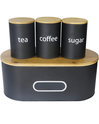 SOTECH Juego de recipientes de cocina grandes de metal para pan y 3 tarros redondos, café, azúcar, té