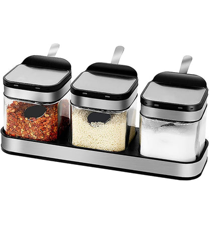 Antetek A-XINTONG - Juego de 3 cajas de condimentos con tapas y cucharas de acero 