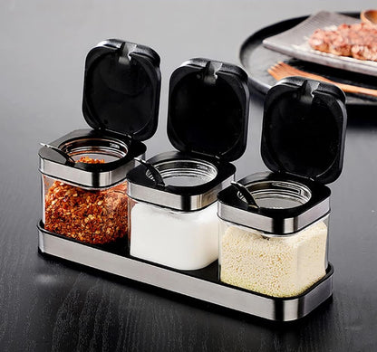 Antetek A-XINTONG - Juego de 3 cajas de condimentos con tapas y cucharas de acero 