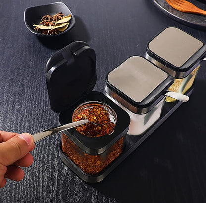 Antetek A-XINTONG - Juego de 3 cajas de condimentos con tapas y cucharas de acero 