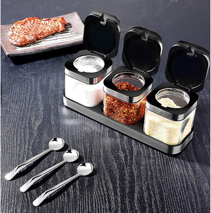 Antetek A-XINTONG - Juego de 3 cajas de condimentos con tapas y cucharas de acero 