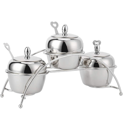 Juego de tarros de especias, juego de recipientes de condimentos de acero inoxidable con tapas de cuchara, soporte de encimera para cocina en casa (3 piezas) 