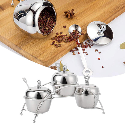 Juego de tarros de especias, juego de recipientes de condimentos de acero inoxidable con tapas de cuchara, soporte de encimera para cocina en casa (3 piezas) 