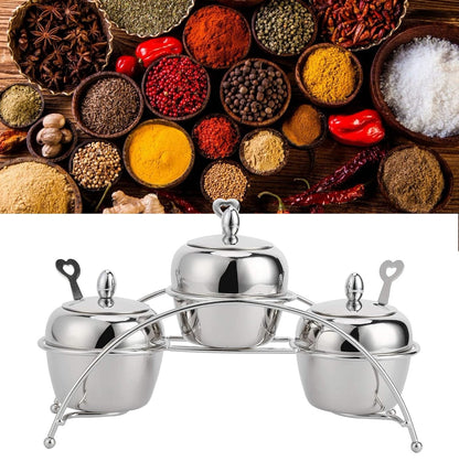 Juego de tarros de especias, juego de recipientes de condimentos de acero inoxidable con tapas de cuchara, soporte de encimera para cocina en casa (3 piezas) 