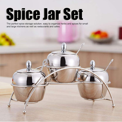 Juego de tarros de especias, juego de recipientes de condimentos de acero inoxidable con tapas de cuchara, soporte de encimera para cocina en casa (3 piezas) 