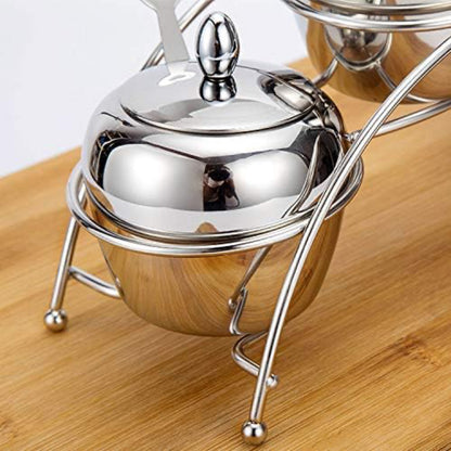 Juego de tarros de especias, juego de recipientes de condimentos de acero inoxidable con tapas de cuchara, soporte de encimera para cocina en casa (3 piezas) 