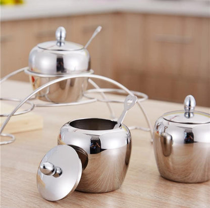 Juego de tarros de especias, juego de recipientes de condimentos de acero inoxidable con tapas de cuchara, soporte de encimera para cocina en casa (3 piezas) 