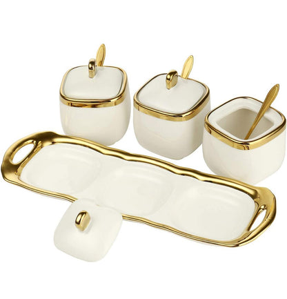 Tarros de especias, recipientes de cerámica para especias de cocina. 