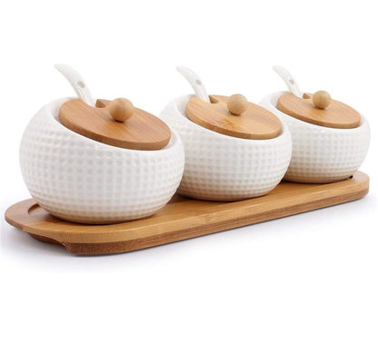 Recipiente de especias de porcelana para condimentos con tapas, soporte de tapa de bambú, cuchara de servir de cerámica