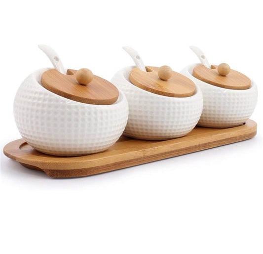 Recipiente de especias de porcelana para condimentos con tapas, soporte de tapa de bambú, cuchara de servir de cerámica