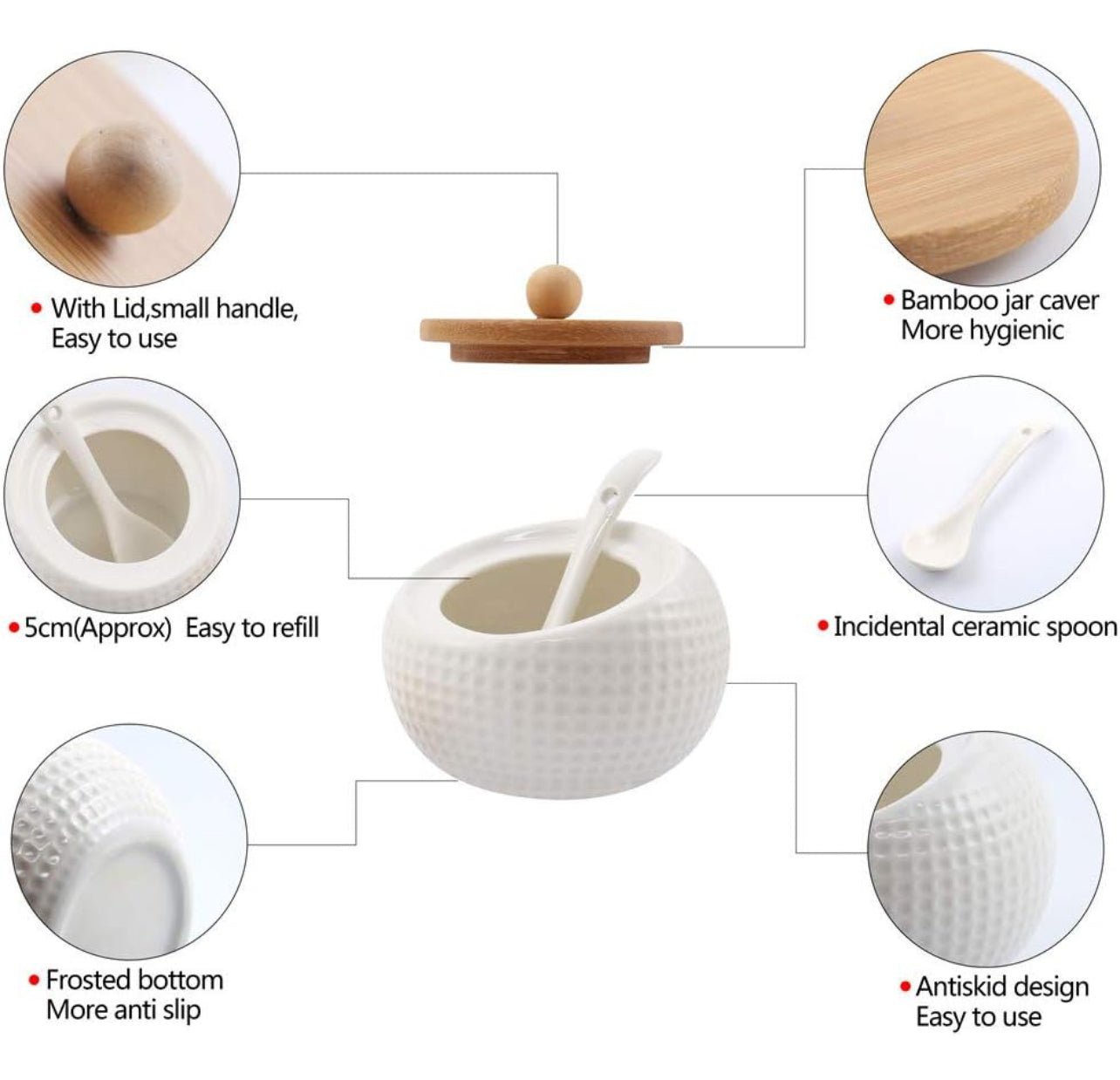 Recipiente de especias de porcelana para condimentos con tapas, soporte de tapa de bambú, cuchara de servir de cerámica