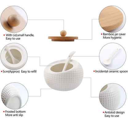 Recipiente de especias de porcelana para condimentos con tapas, soporte de tapa de bambú, cuchara de servir de cerámica