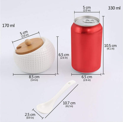Recipiente de especias de porcelana para condimentos con tapas, soporte de tapa de bambú, cuchara de servir de cerámica