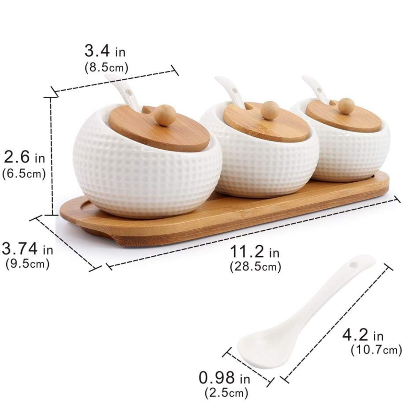 Recipiente de especias de porcelana para condimentos con tapas, soporte de tapa de bambú, cuchara de servir de cerámica