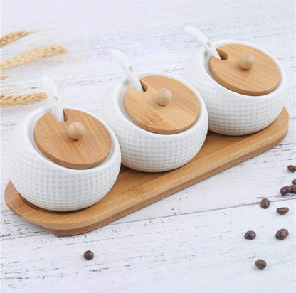 Recipiente de especias de porcelana para condimentos con tapas, soporte de tapa de bambú, cuchara de servir de cerámica