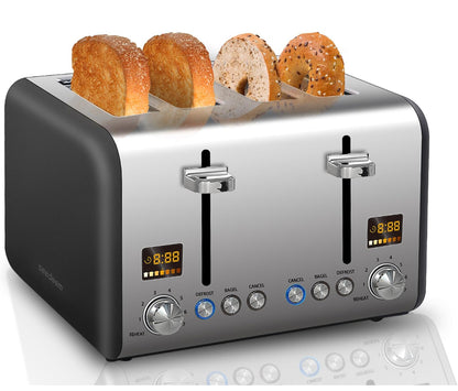 Tostadora de 4 rebanadas, tostadora de sartén inoxidable, pantalla LCD a color, 7 ajustes de sombra de sartén, tostadora de ranuras de 1.4 pulgadas de ancho 