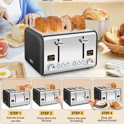 Tostadora de 4 rebanadas, tostadora de sartén inoxidable, pantalla LCD a color, 7 ajustes de sombra de sartén, tostadora de ranuras de 1.4 pulgadas de ancho 