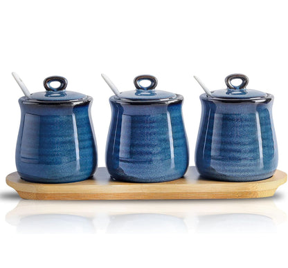 Hasense Tarro de condimentos de porcelana, contenedor de especias de 10 onzas con cuchara de tapa y bandeja de bambú