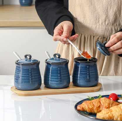 Hasense Tarro de condimentos de porcelana, contenedor de especias de 10 onzas con cuchara de tapa y bandeja de bambú