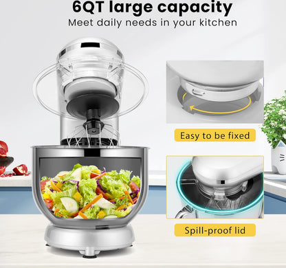 Batidora de mesa de 650 W, 6 velocidades, 6 cuartos de galón, mezclador eléctrico de cocina con cabezal basculante 