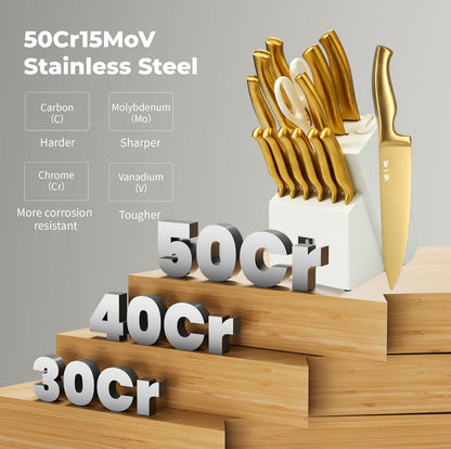 Juego de cuchillos de 15 piezas con bloque, juegos de cuchillos para cocina con bloque de acero inoxidable de alto carbono 
