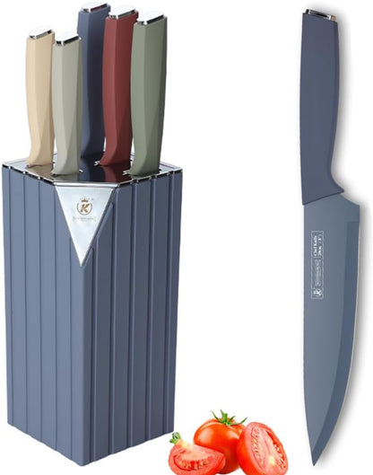 Juego de cuchillos, 6 cuchillos de cocina codificados por colores con bloque, juego de cuchillos de chef de acero inoxidable con revestimiento antioxidante de 5 colores 