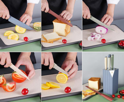 Juego de cuchillos, 6 cuchillos de cocina codificados por colores con bloque, juego de cuchillos de chef de acero inoxidable con revestimiento antioxidante de 5 colores 