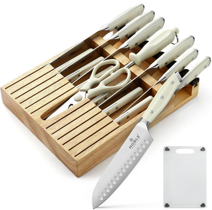 Juego de cuchillos con bloque, 16 cuchillos de cocina, organizador de cajones con afilador, tabla de cortar, juego de cuchillos de chef 
