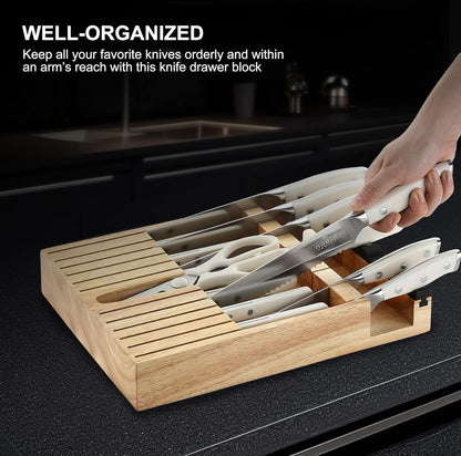 Juego de cuchillos con bloque, 16 cuchillos de cocina, organizador de cajones con afilador, tabla de cortar, juego de cuchillos de chef 