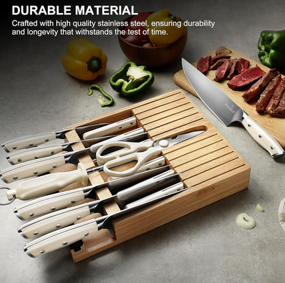 Juego de cuchillos con bloque, 16 cuchillos de cocina, organizador de cajones con afilador, tabla de cortar, juego de cuchillos de chef 