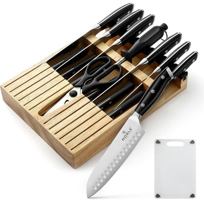 Juego de cuchillos con bloque, 16 cuchillos de cocina, organizador de cajones con afilador, tabla de cortar, juego de cuchillos de chef 