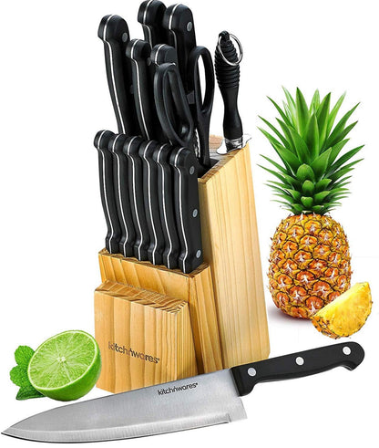 uego de cuchillos con bloque de madera, juego de 15 piezas que incluye cuchillo de chef 