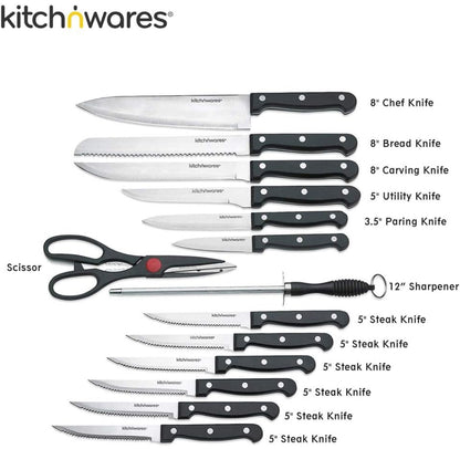 uego de cuchillos con bloque de madera, juego de 15 piezas que incluye cuchillo de chef 