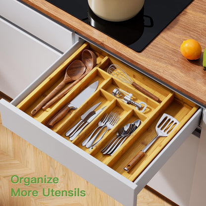 Pipishell Organizador de cajones extensible de bambú para soporte de utensilios, bandeja de cubiertos ajustable 
