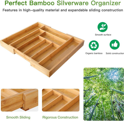 Pipishell Organizador de cajones extensible de bambú para soporte de utensilios, bandeja de cubiertos ajustable 