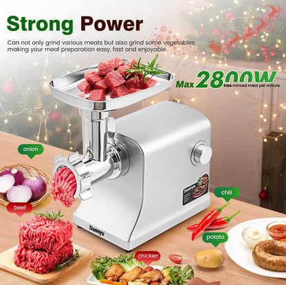 Picadora de carne eléctrica de 2800 W Max con hoja de acero inoxidable y 3 platos, 3 rellenos de salchichas 