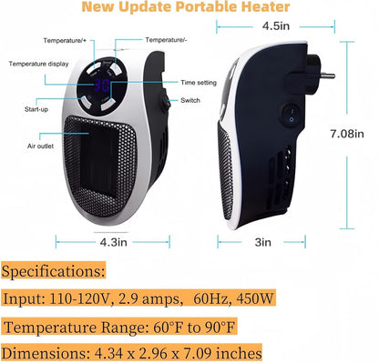 Calentador de enchufe cibernético para pared, calentador eléctrico portátil remoto de 450 W con termostato ajustable programable, 