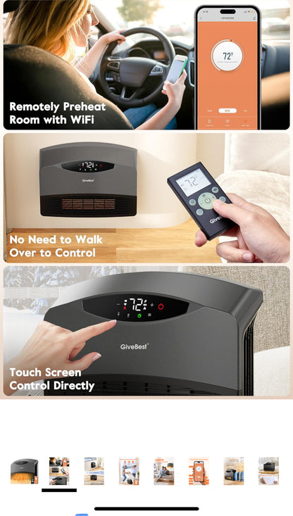 GiveBest Calentador de pared inteligente con WiFi y control remoto, calentador de espacio de 1500 W para dormitorio, calentador de piso o pared 