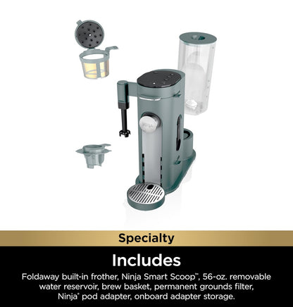 Ninja Pods & Grounds Specialty - Cafetera de una sola porción, compatible con cápsulas K-Cup, espumador de leche integrado, de 6 onzas de taza a 24 onzas, tamaños de taza de viaje, cafetera helada,