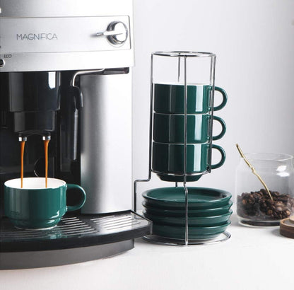 Tazas de café de porcelana con platillos, tazas de capuchino apilables de 4 onzas con soporte de metal para café, latte, té - 4 unidades 