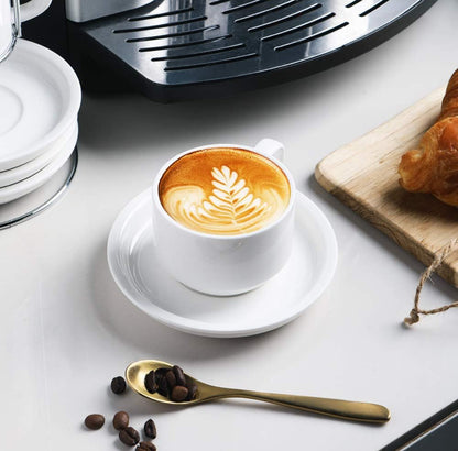 Tazas de café de porcelana con platillos, tazas de capuchino apilables de 4 onzas con soporte de metal para café, latte, té - 4 unidades 